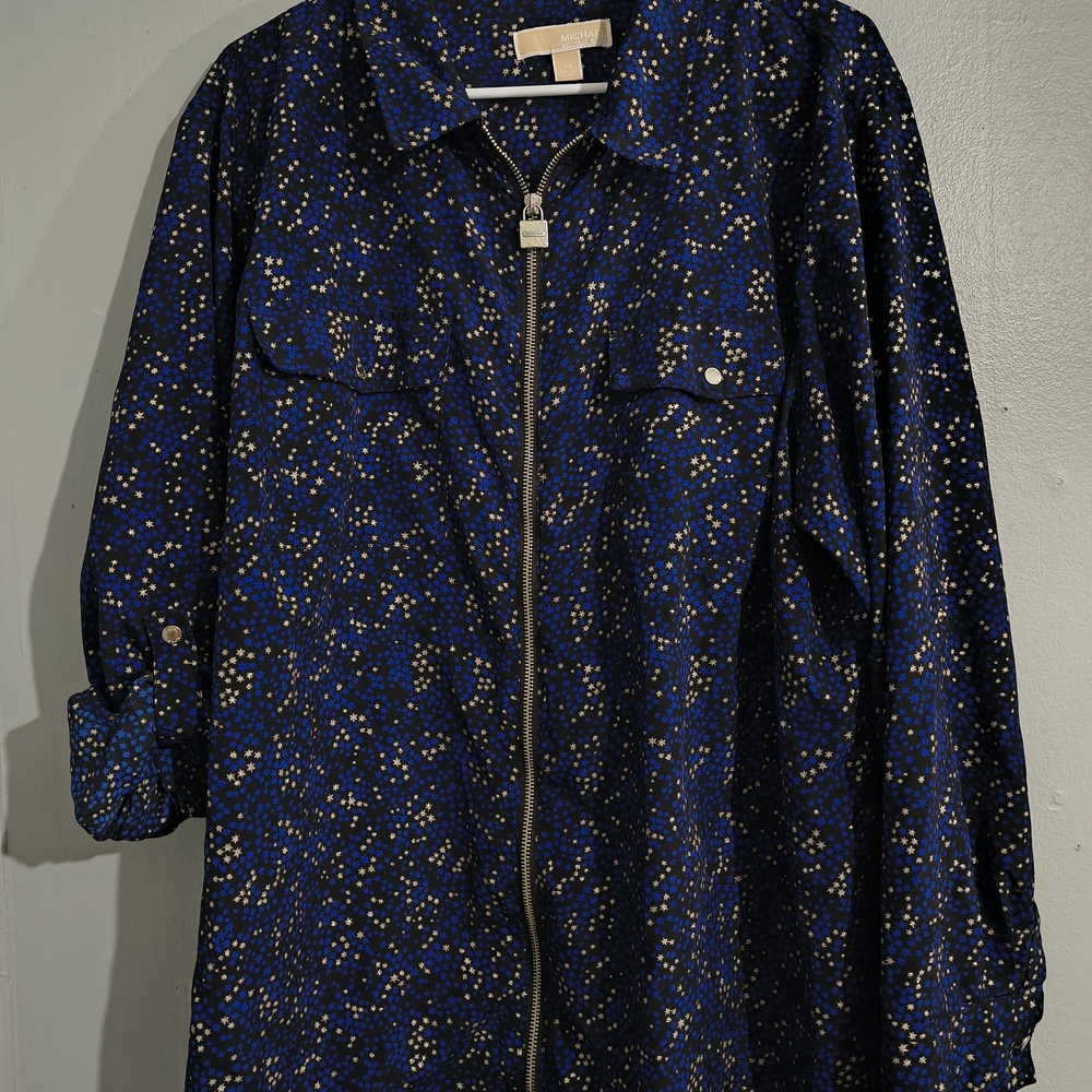 MICHAEL Michael Kors 3XL Navy and Metallic Silver Zip-Up Blouse Roll Tab Sleeve